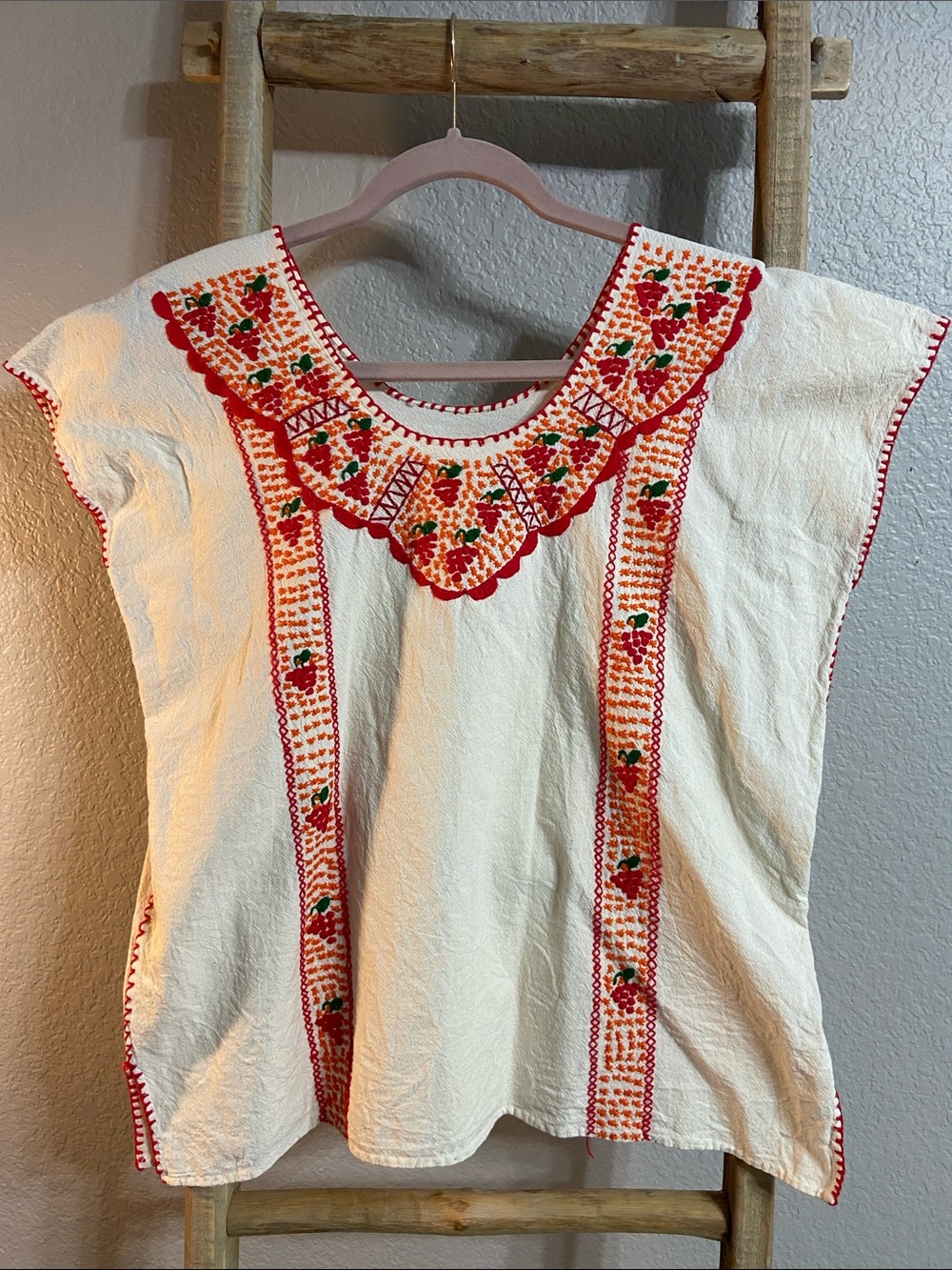 Embroidered Fruit Cream Women’s Peasant Top